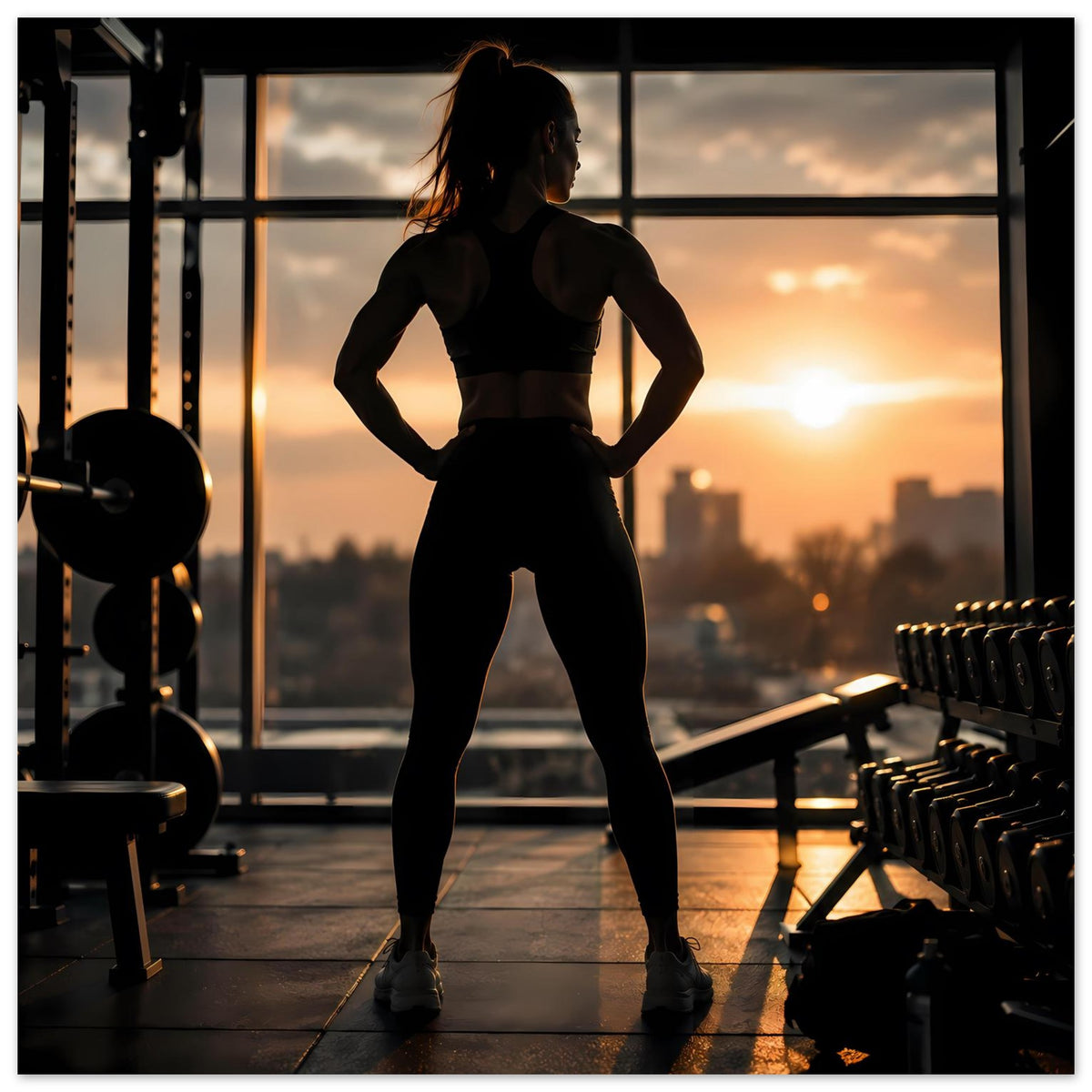 Poster: Sportlerin-Silhouette im Fitnessstudio, Standpose, Sonnenuntergangs-Licht