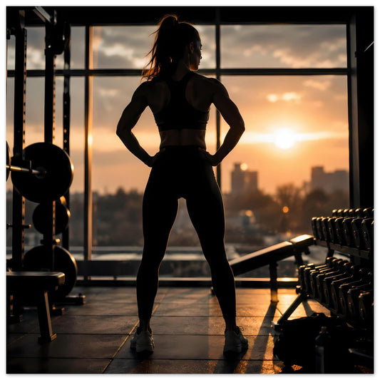 Poster: Sportlerin-Silhouette im Fitnessstudio, Standpose, Sonnenuntergangs-Licht