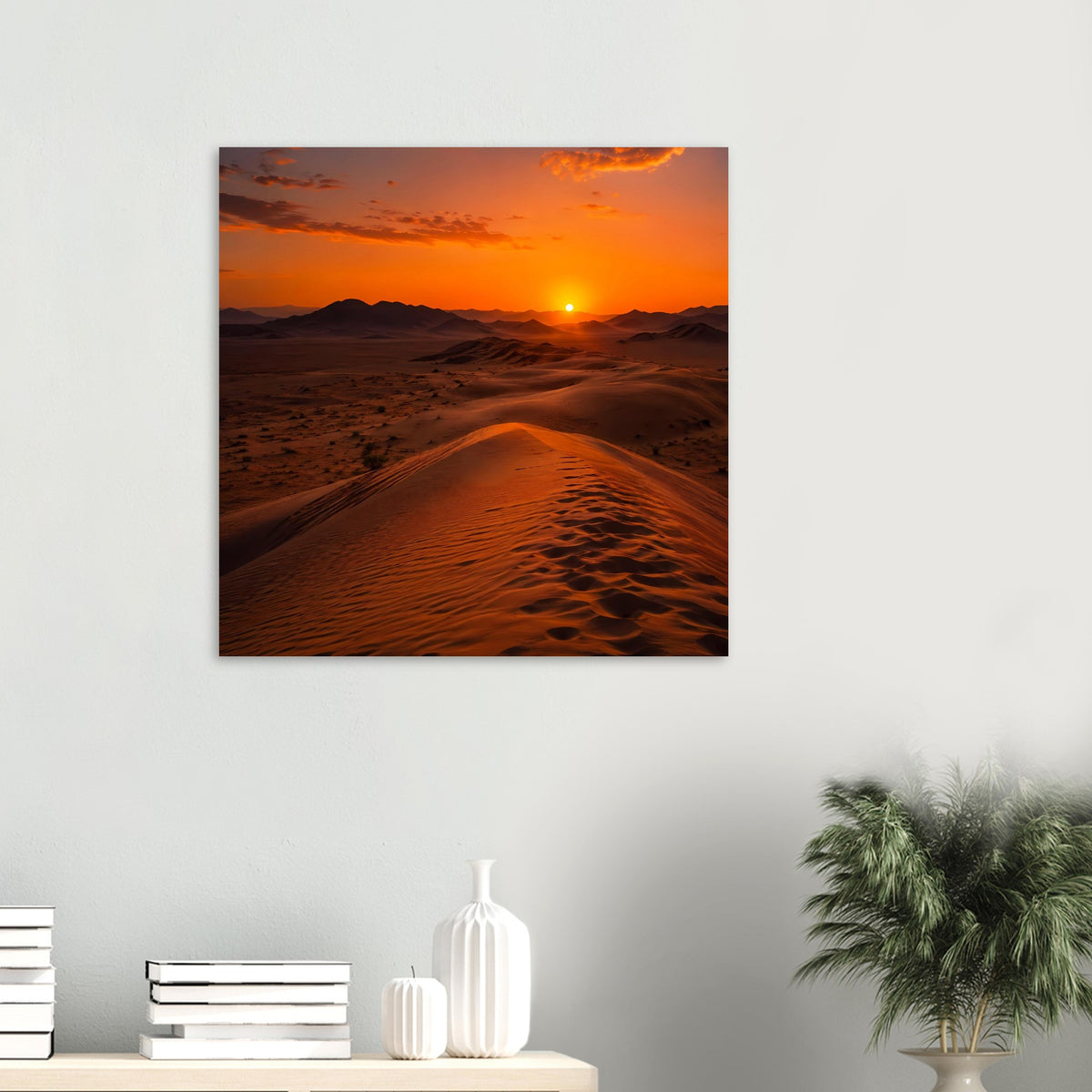 Rechteckiges Poster: Sonnenuntergang über orangefarbenen Wüstendünen mit Sandpfad