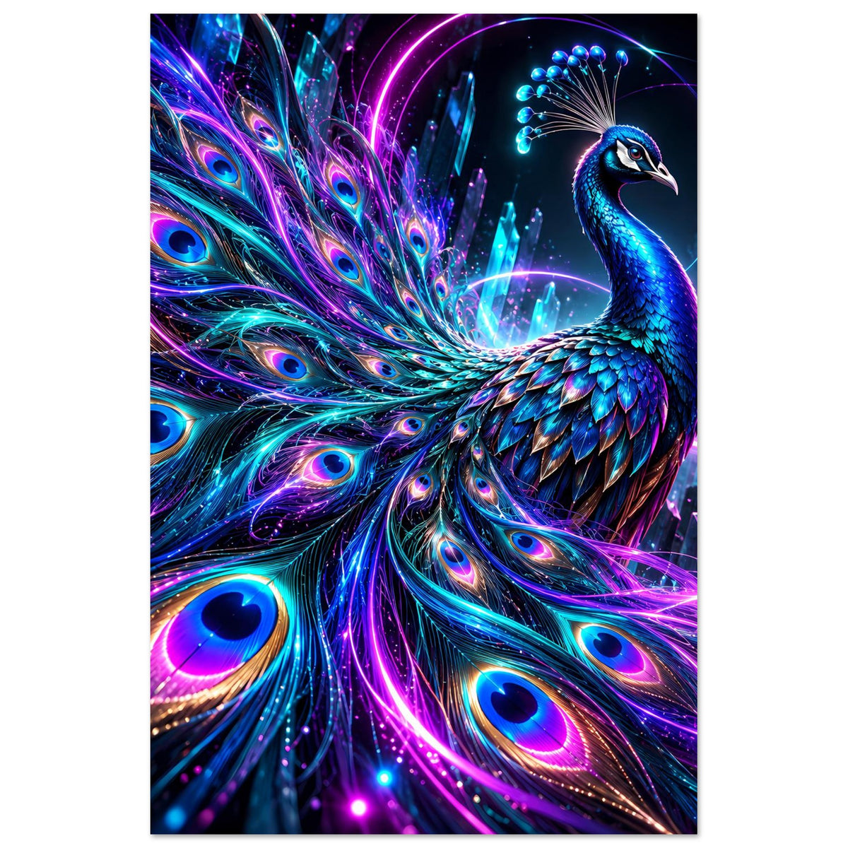 Neon-Pfauenposter im Hochformat, Pfau mit türkisblauem Gefieder und leuchtenden Bögen