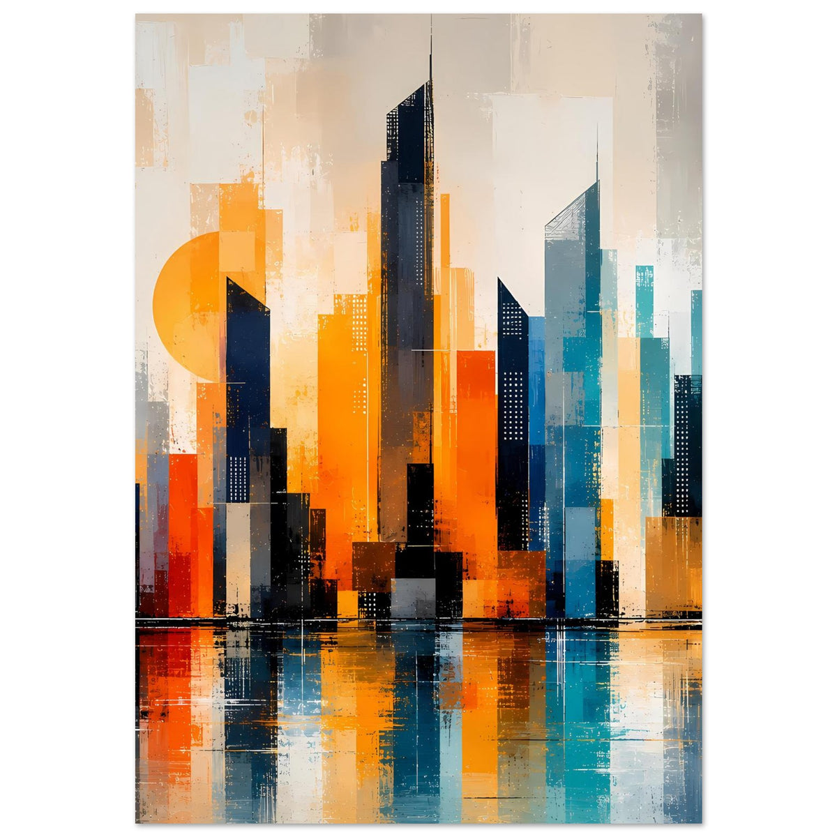 Abstraktes Skyline-Stadtposter: orange und türkisfarbene Türme, unten Spiegelung