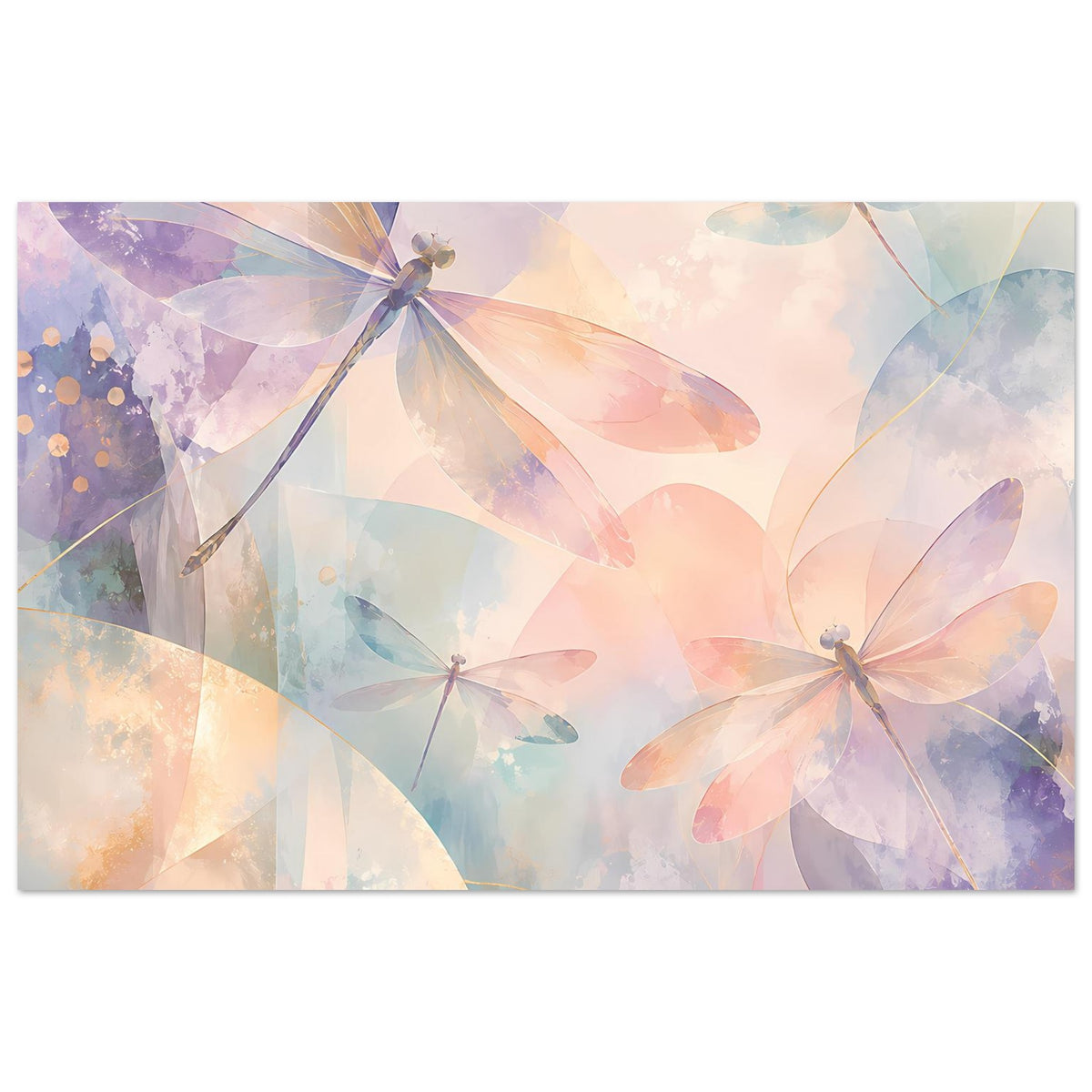Pastellposter mit Libellen, Pfirsich-, Lavendel- und Hellblau-Tönen