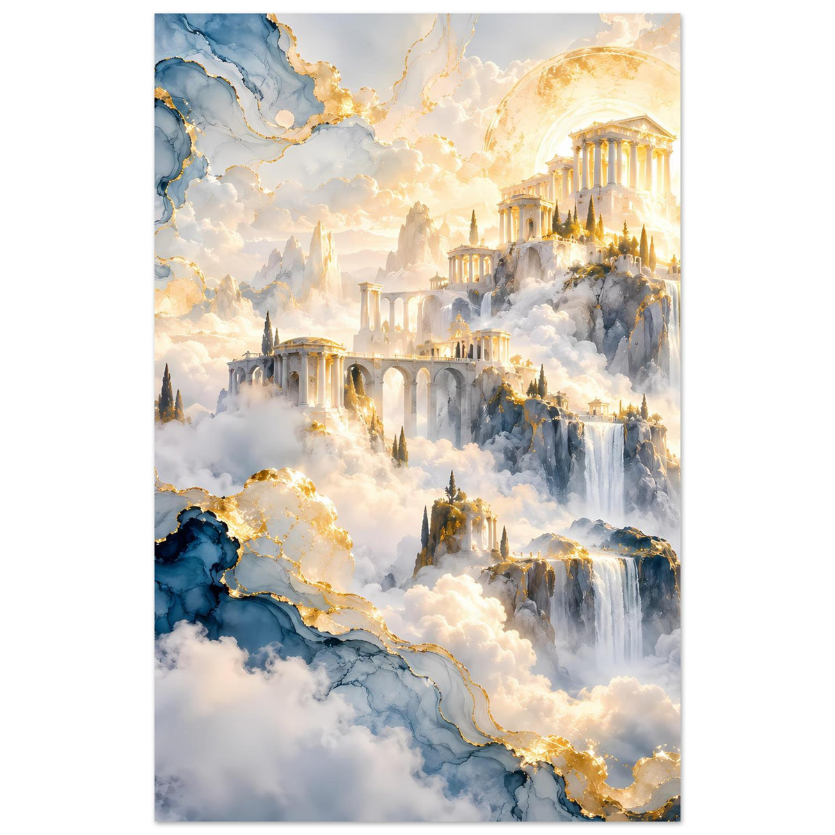 Hochformat-Poster: himmlische Tempelanlagen, goldene Aura, dichte Wolken und Wasserfälle