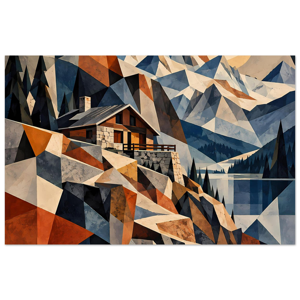 Geometrisches Berglandschafts-Poster mit Haus, Dreiecksbergen und Blautönen, Rostrot und Erdtönen