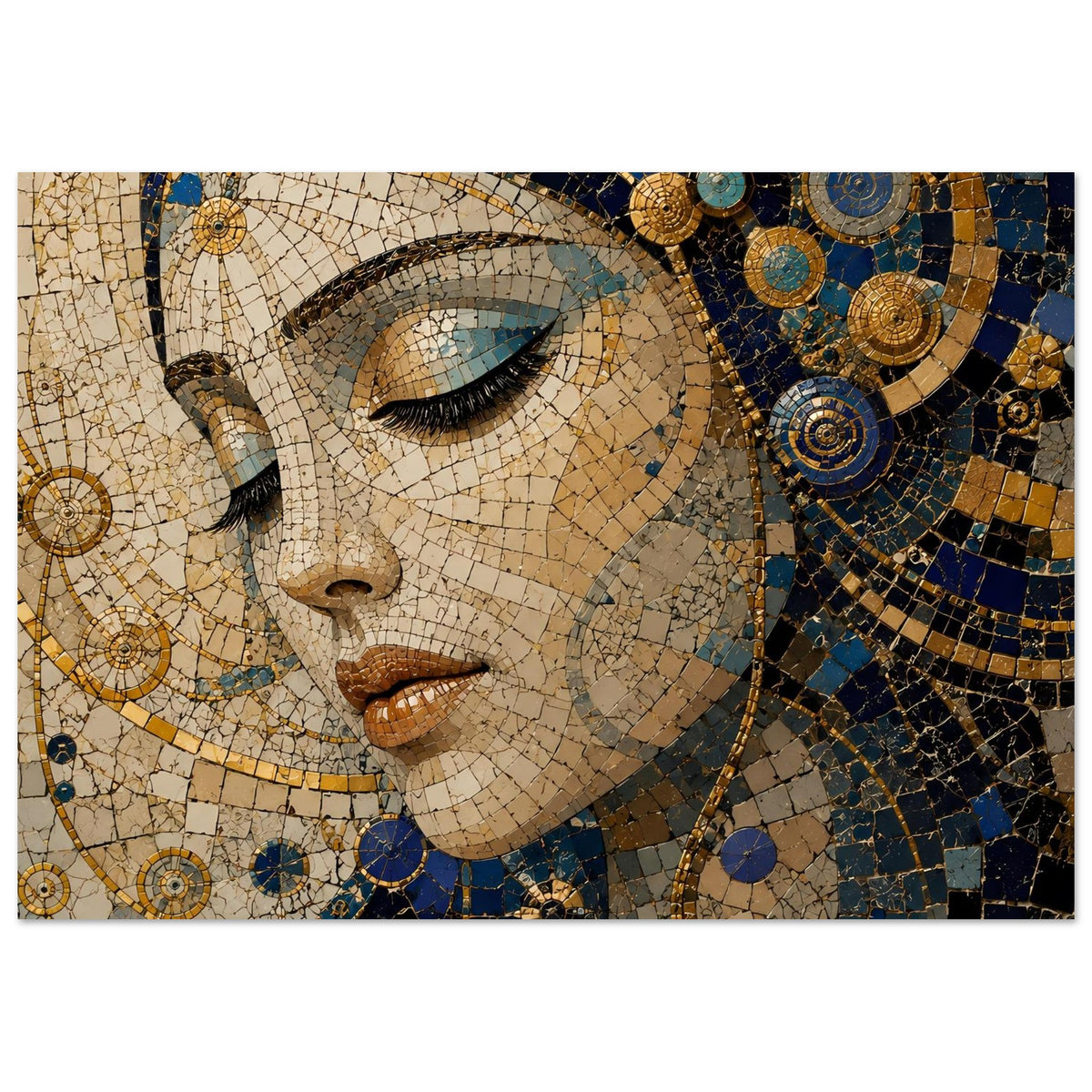 Querformat-Poster mit Mosaik-Portrait, Frauengesicht in Blau und Gold auf cremefarbenem Grund