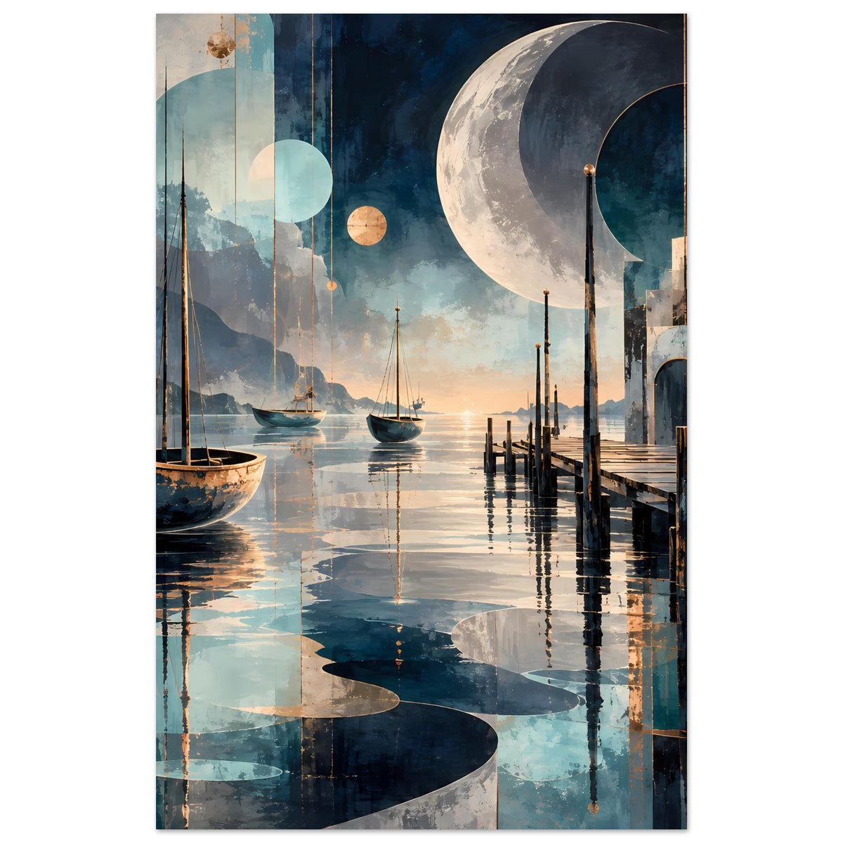 Nachtposter im Hochformat mit Hafen bei Mond, Segelbooten und Pier-Spiegelungen im Wasser