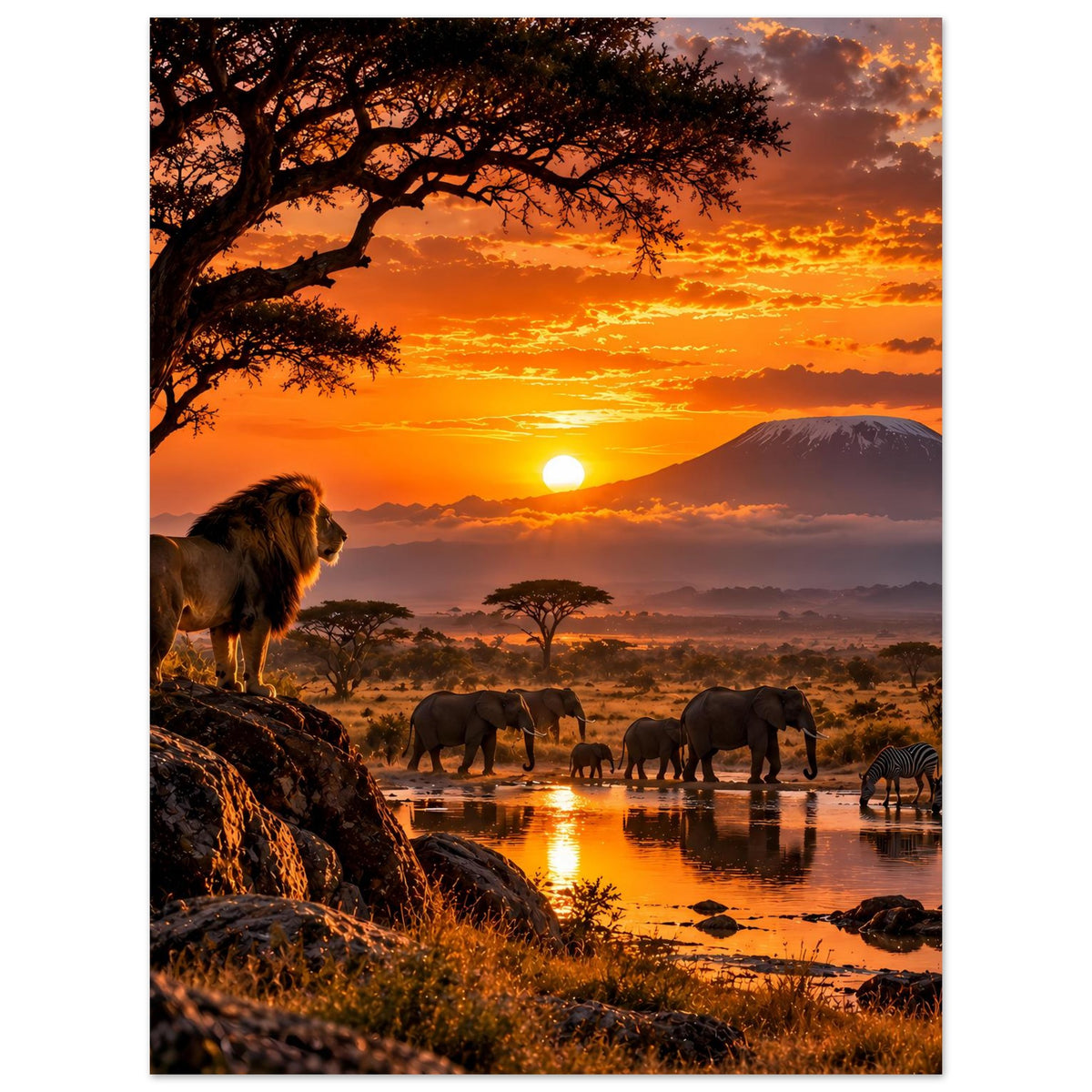 Safari-Poster im Hochformat: Löwe links, Elefantenherde am Wasser, orangefarbener Sonnenuntergang