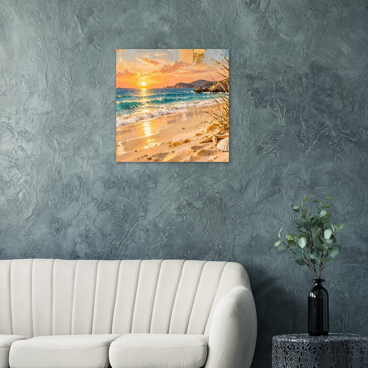 Wandposter mit Sonnenuntergang am Strand, Meerblick und goldenem Ufersand