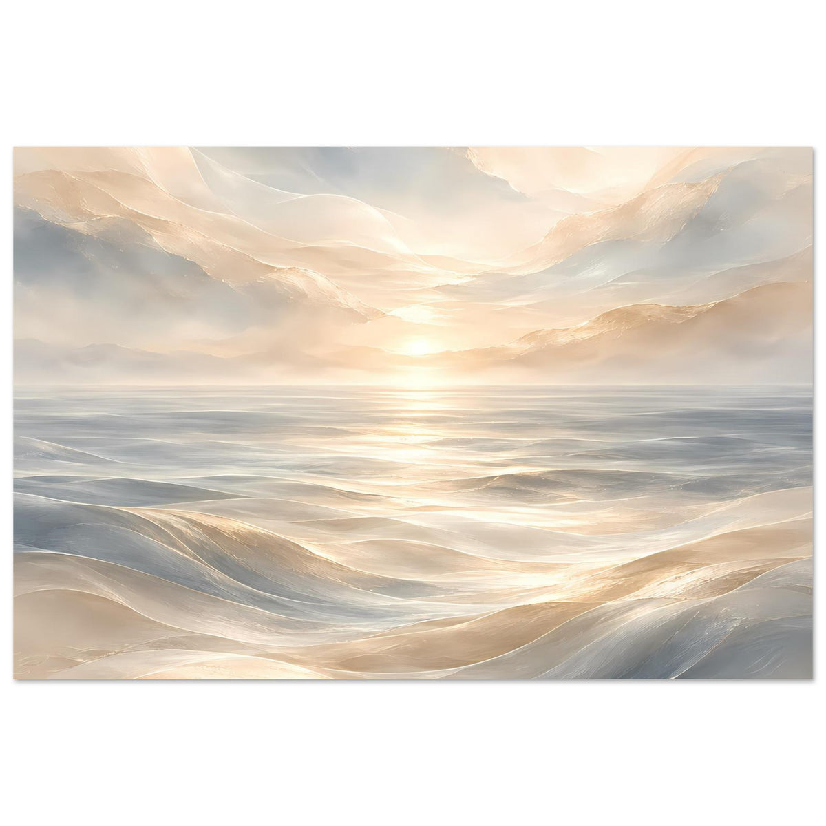 Horizontales Ozeanposter mit ruhigen Wellenlinien und warmen Beige-Blau-Verläufen