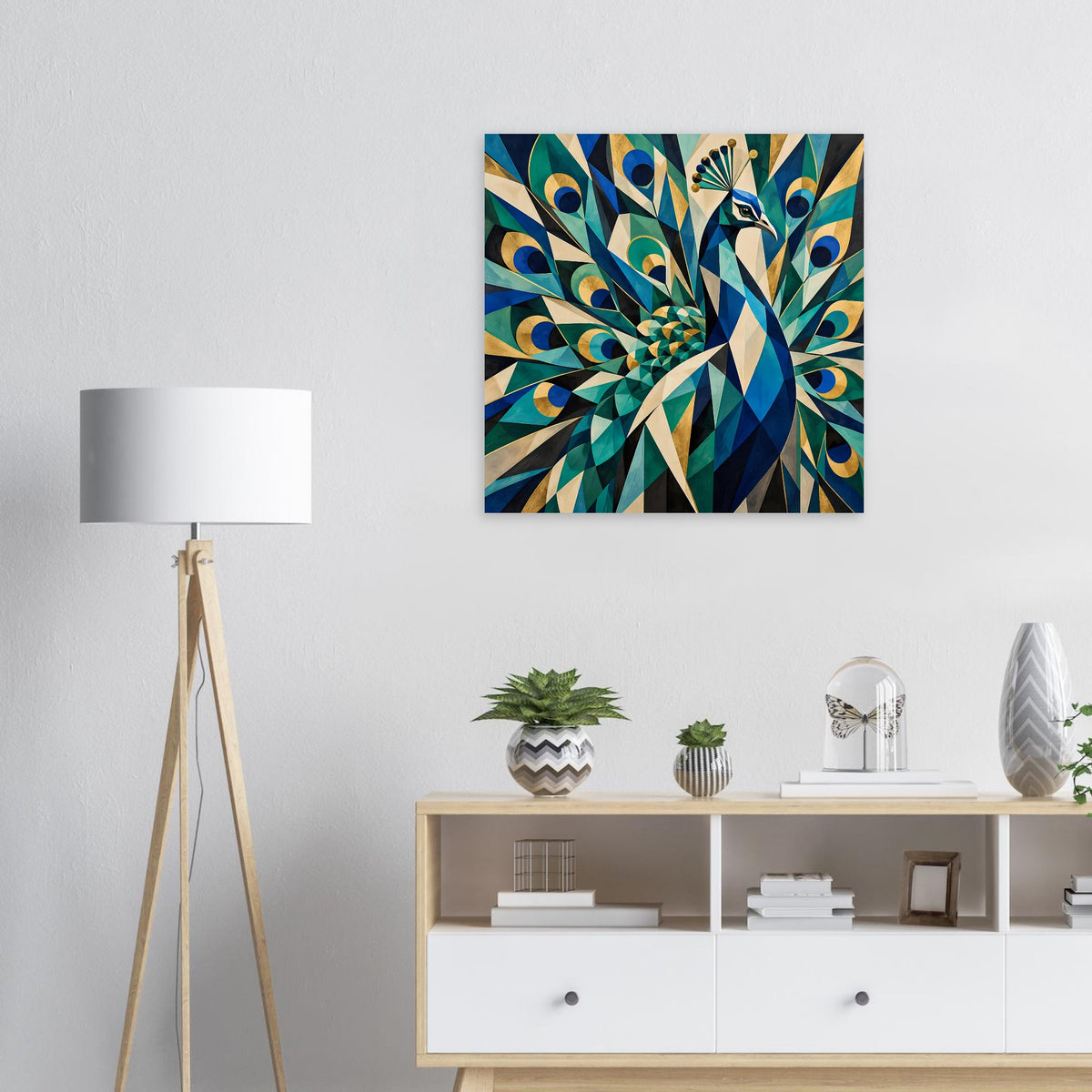 Quadratisches Poster mit geometrischem Pfau in Blau, Türkis und Gold