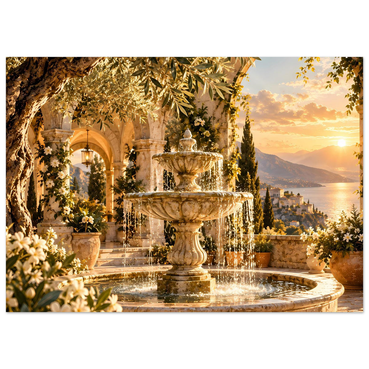Poster mit Springbrunnen und großer Wasserschale, umrahmt von goldenen Zweigen und Blumen