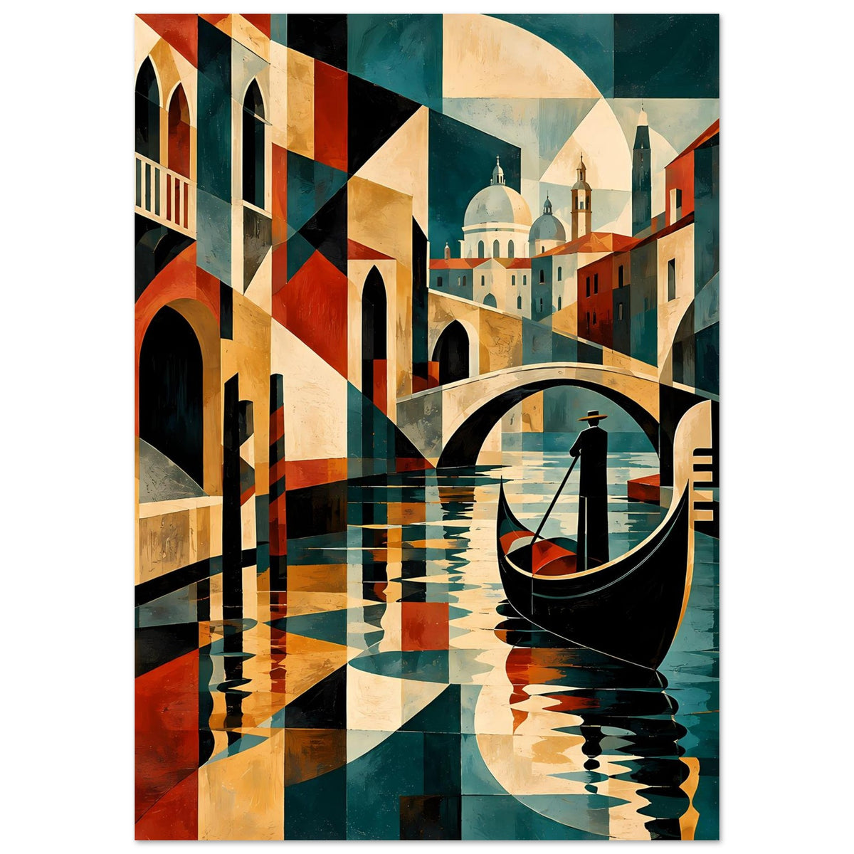 Wandposter mit abstrakter Venedig-Szene: Gondel im Kanal, Gebäude in Blau-Grün-Rot