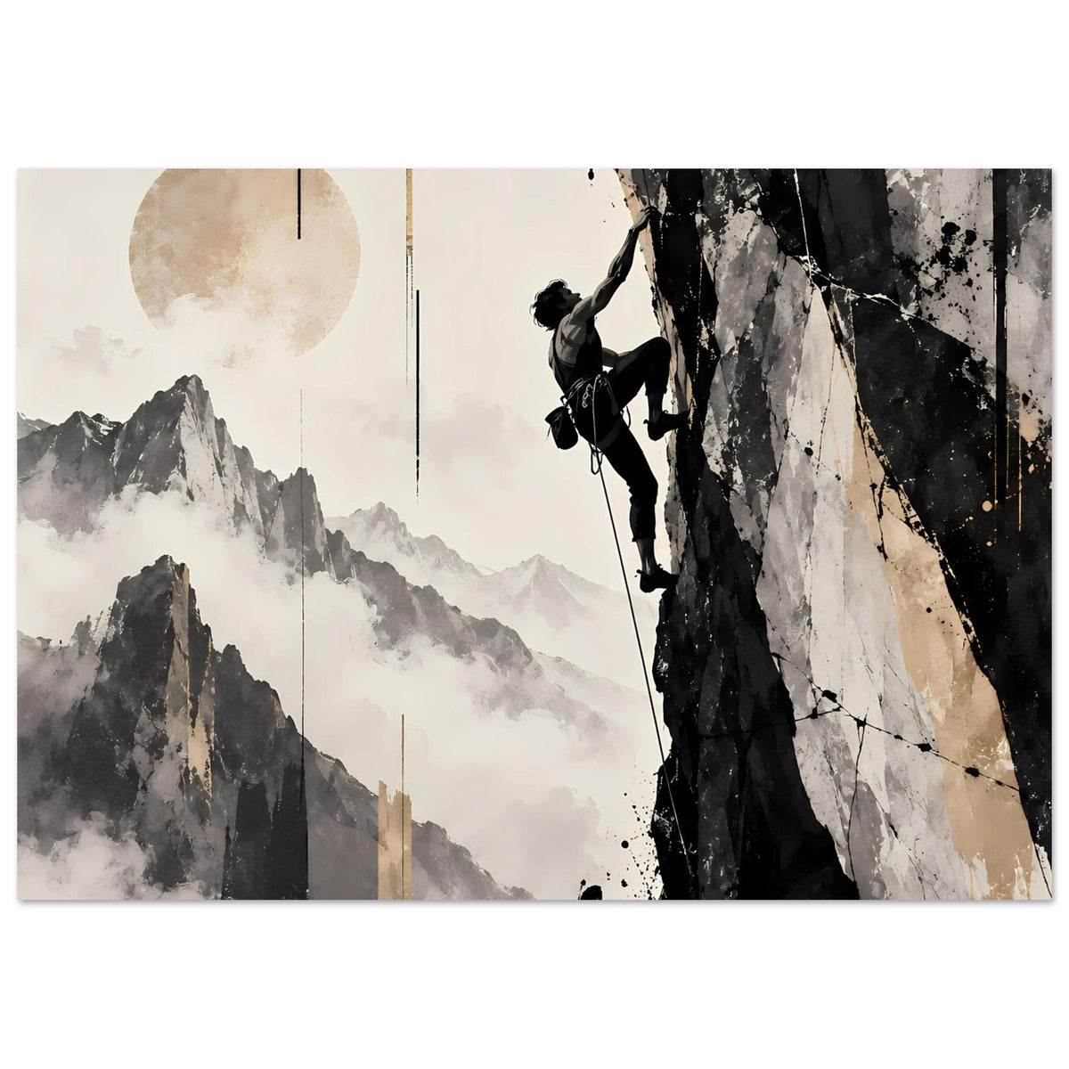 Horizontales Poster: Bergsteiger klettert am Fels, Berge im Nebel, Schwarz-Weiß und Beige