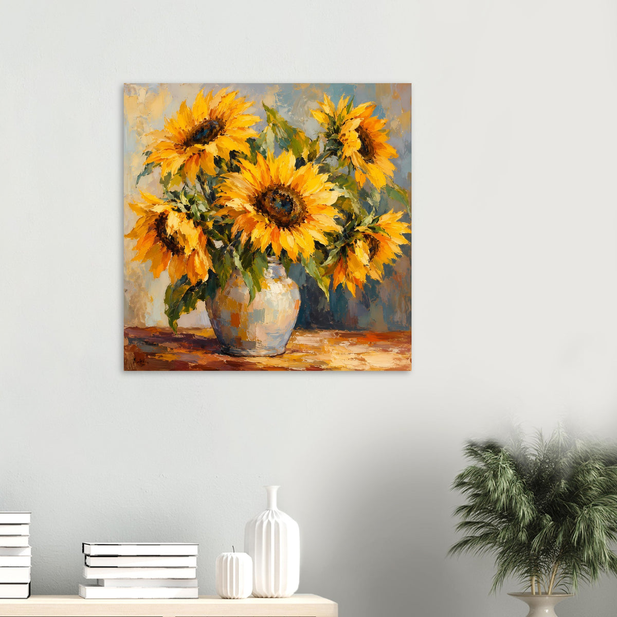 Poster mit Sonnenblumen-Stillleben: gelb-orange Blüten und Vase, ausgewogene Gesamtansicht
