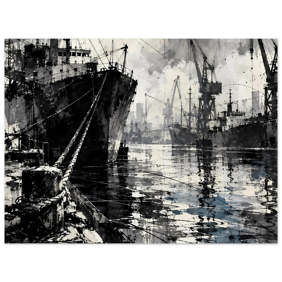 Maritimes Poster mit Hafenmotiv: nahes Schiffs- und Kran-Ensemble, Wasser im Fokus