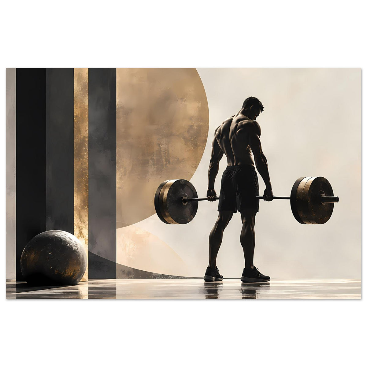 Krafttraining-Poster: Silhouette beim Heben einer Langhantel vor abstrakten Formen in Gold und Dunkel
