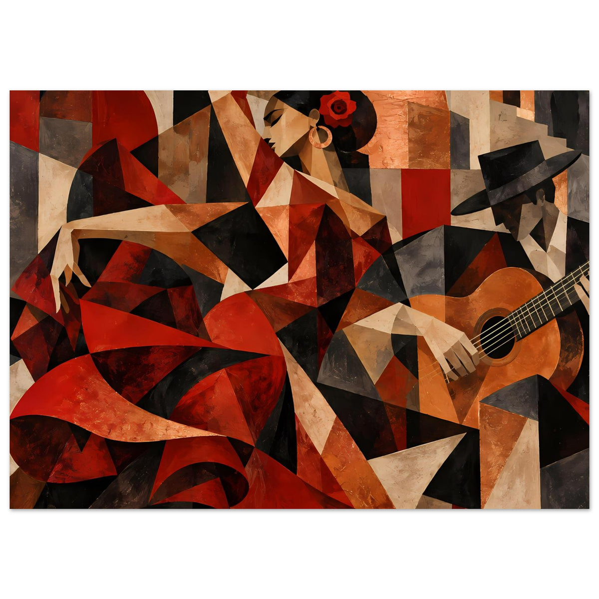 Kunstposter mit Flamenco-Figur und Gitarre, kräftige Rot- und Brauntöne mit schwarzen Akzenten