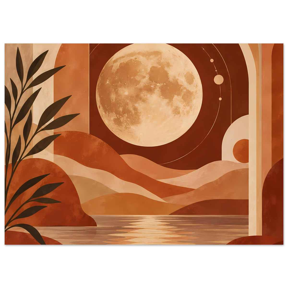 Boho-Poster mit Vollmond über Oase, Terrakotta- und Beigetönen, Palme links und Wasserstreifen