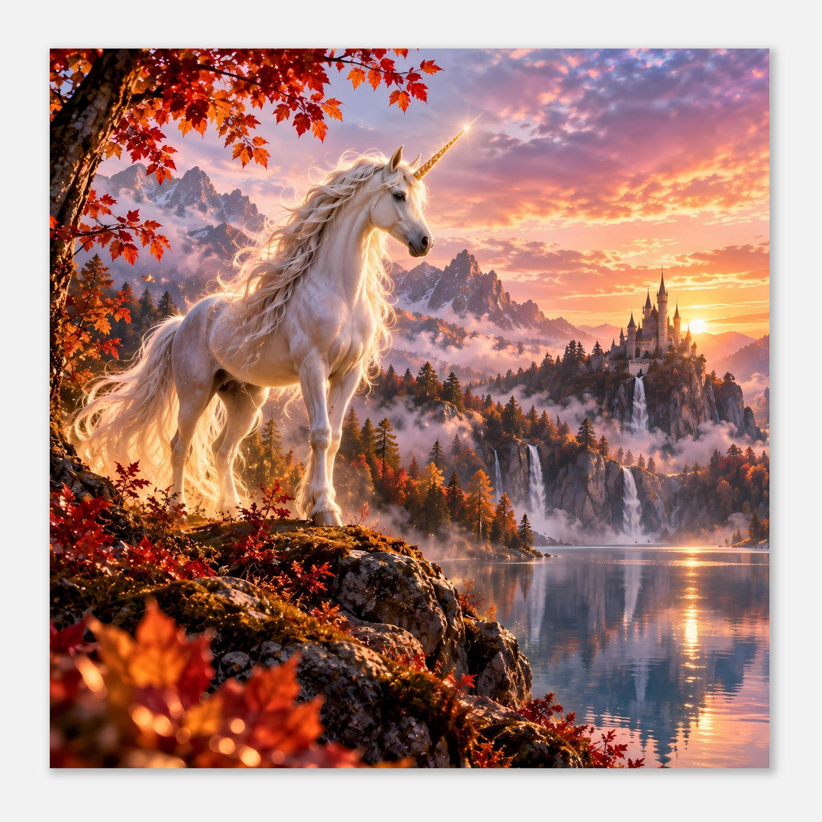 Einhorn-Fantasyposter, weißes Einhorn vor Herbstwald und Sonnenuntergang am See