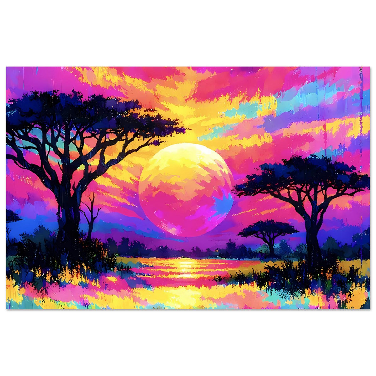 Horizontales Poster mit neonfarbenem Sonnenuntergang, großer Sonne, Baum-Silhouetten und Wasser