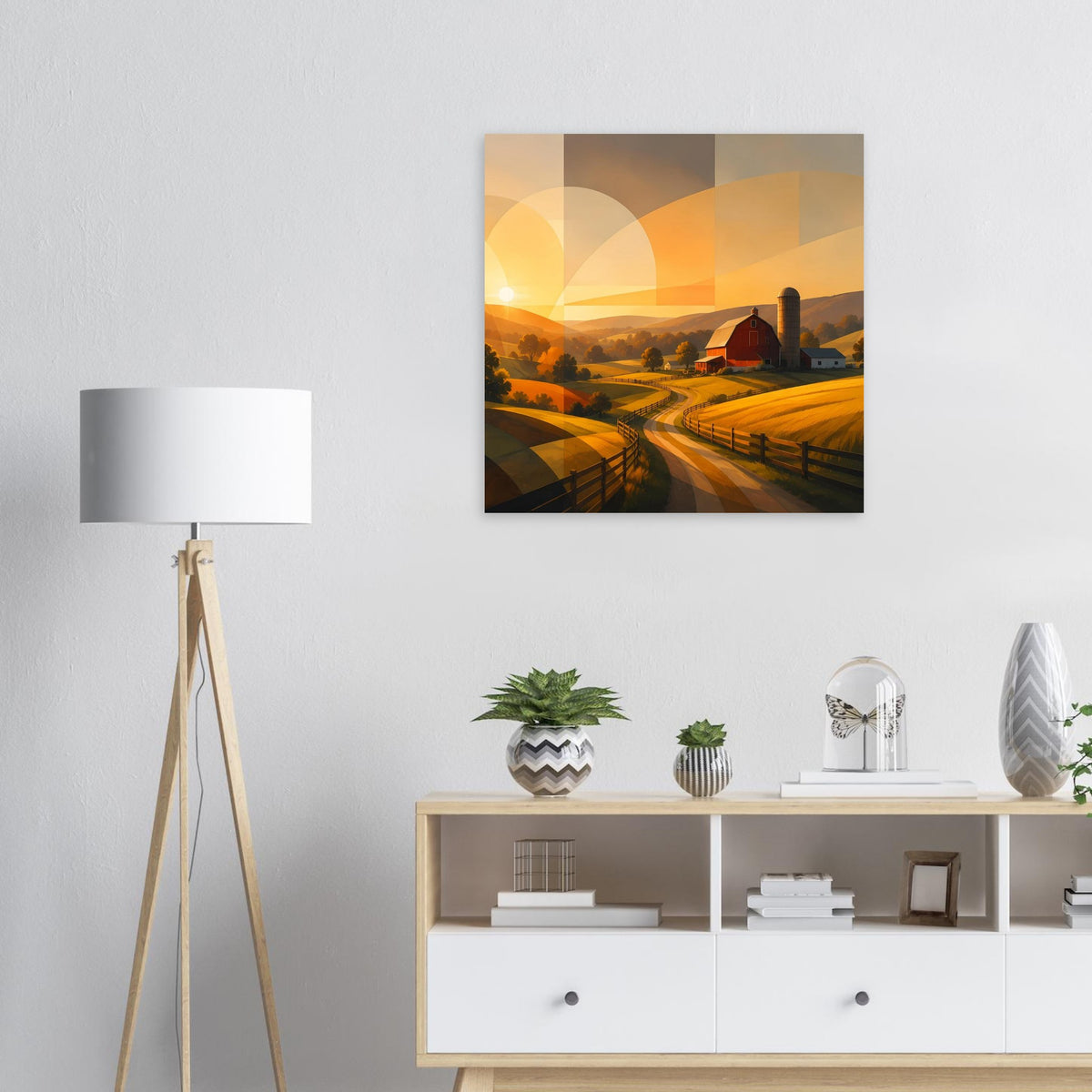Abstraktes Quadratposter mit Landschaft: rote Scheune, Felder, Zaunweg und helle Sonnenbögen
