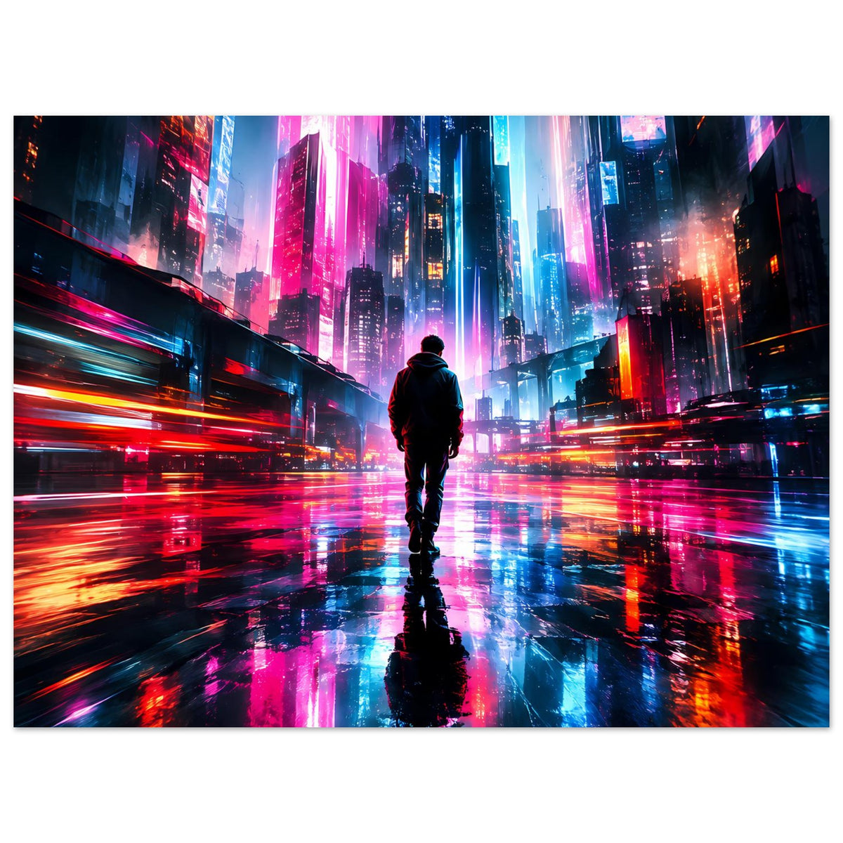 Querformat-Cyberpunk-Poster: Neonstadt mit reflektierender Straße und Personensilhouette.