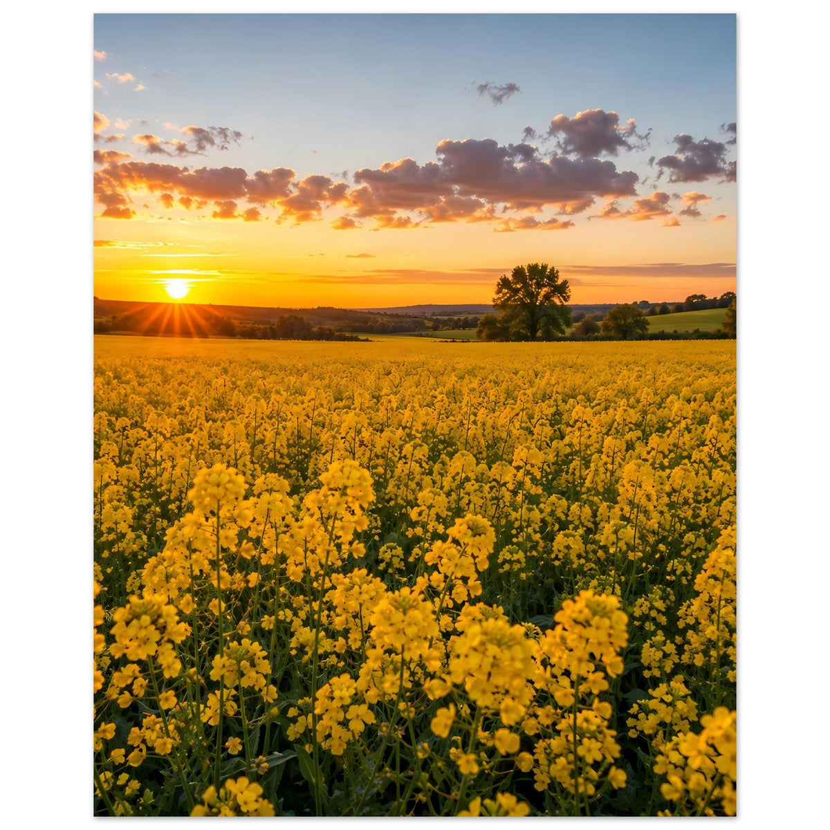 Landschaftsposter: gelbe Blütenfelder, Sonne tief am Horizont, warmes Wolkenspiel