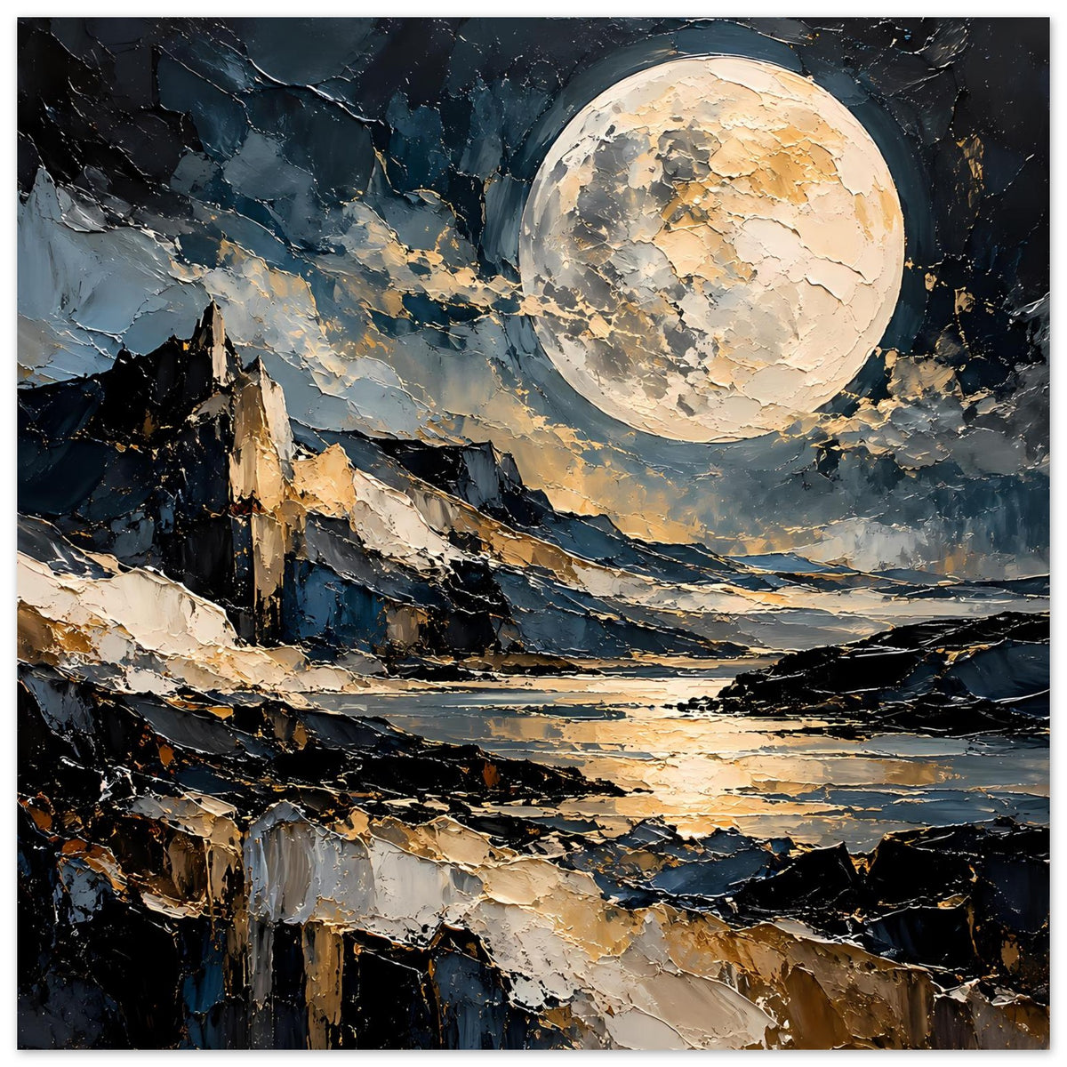 Mondschein-Poster: goldener Vollmond über Bergen und See, kräftige Pinseltextur