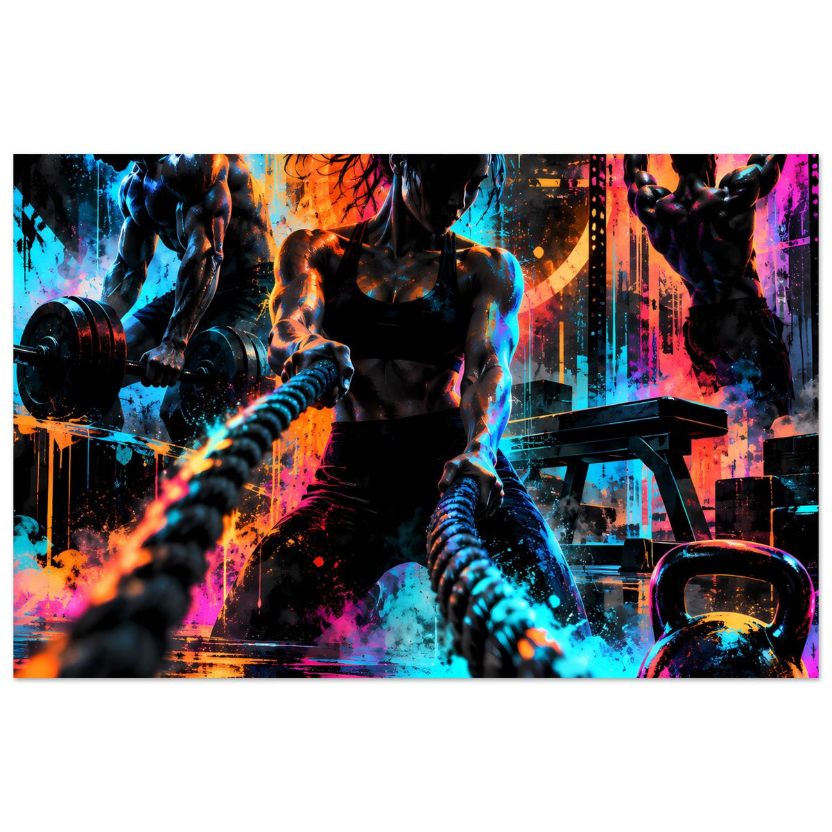 Fitness-Poster mit Neon-Sport-Silhouetten, Hanteln, Kettlebell und Farbnebel
