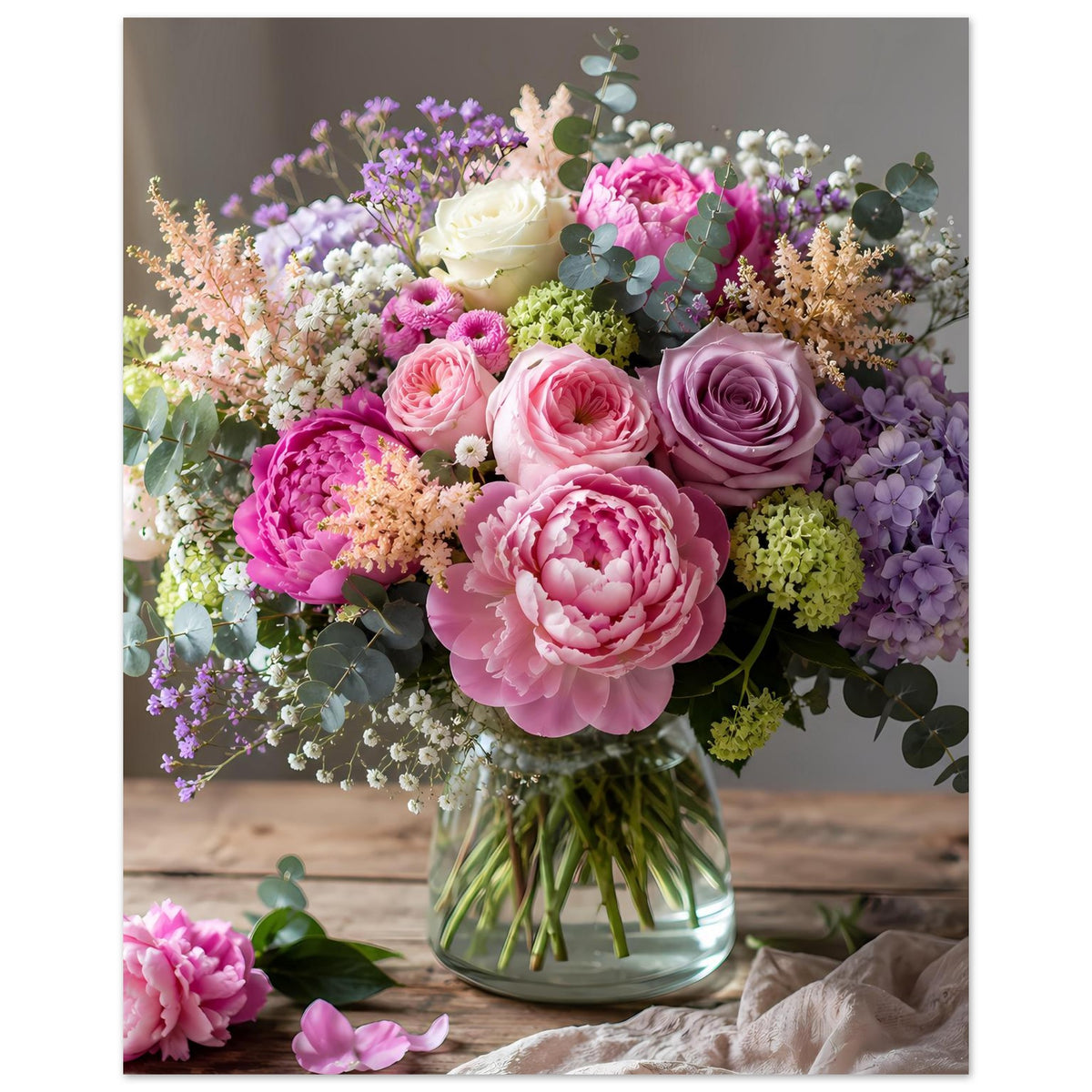 Blumenposter: Rosen- und Blütenstrauß in Glasvase, rosa-lila Pastelltöne