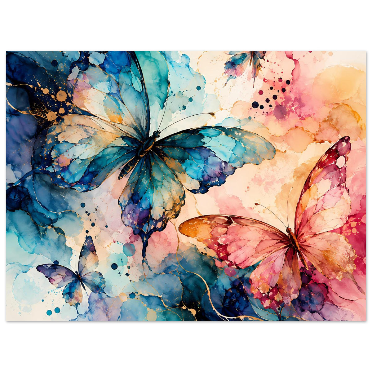 Naturposter mit Aquarell-Schmetterlingen in Blau, Rosa und warmen Tönen