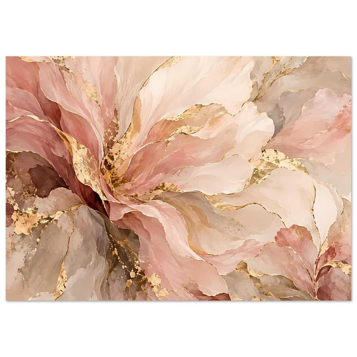 Querformatposter mit rosafarbenem Floralmotiv und goldenen Linien über beiger Basis