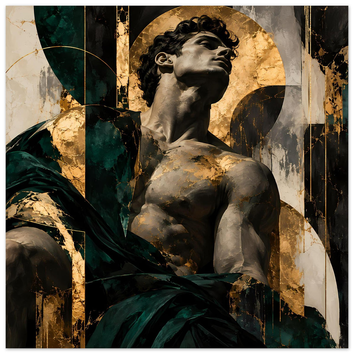 Kunstposter: Büste eines Mannes mit Locken in Grau, dunkelgrünem Stoff und goldener Aura