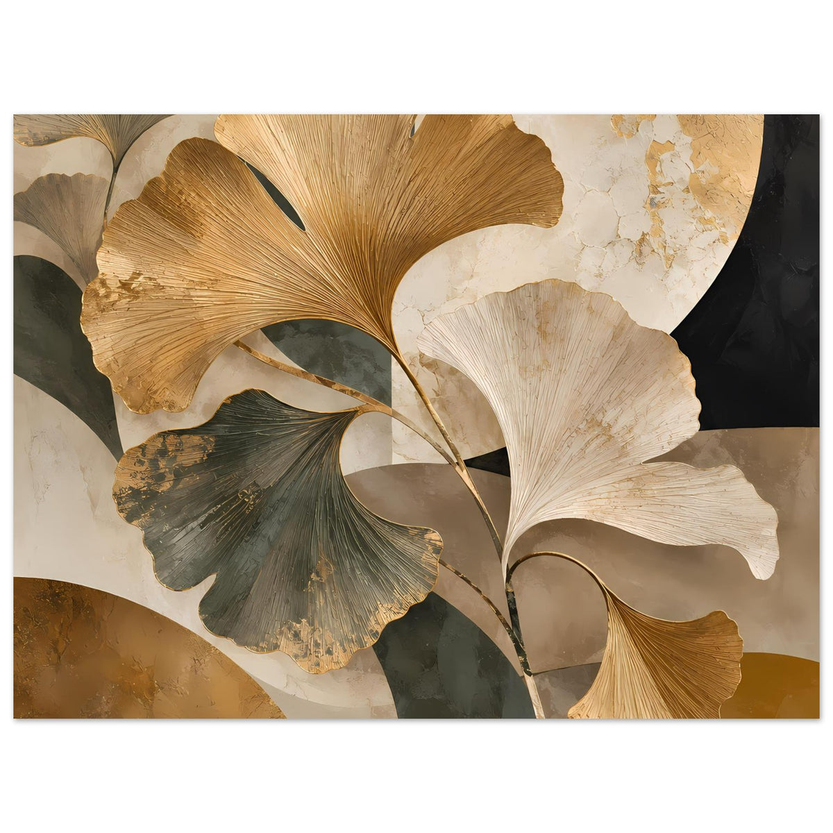 Botanisches Poster mit Ginkgo-Blättern, goldene Strukturblätter und cremefarbene Formen