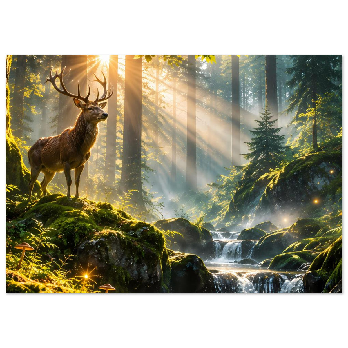 Poster mit Hirschblick nach vorn, Sonnenaufgang im Wald, Bächlein über Felsen
