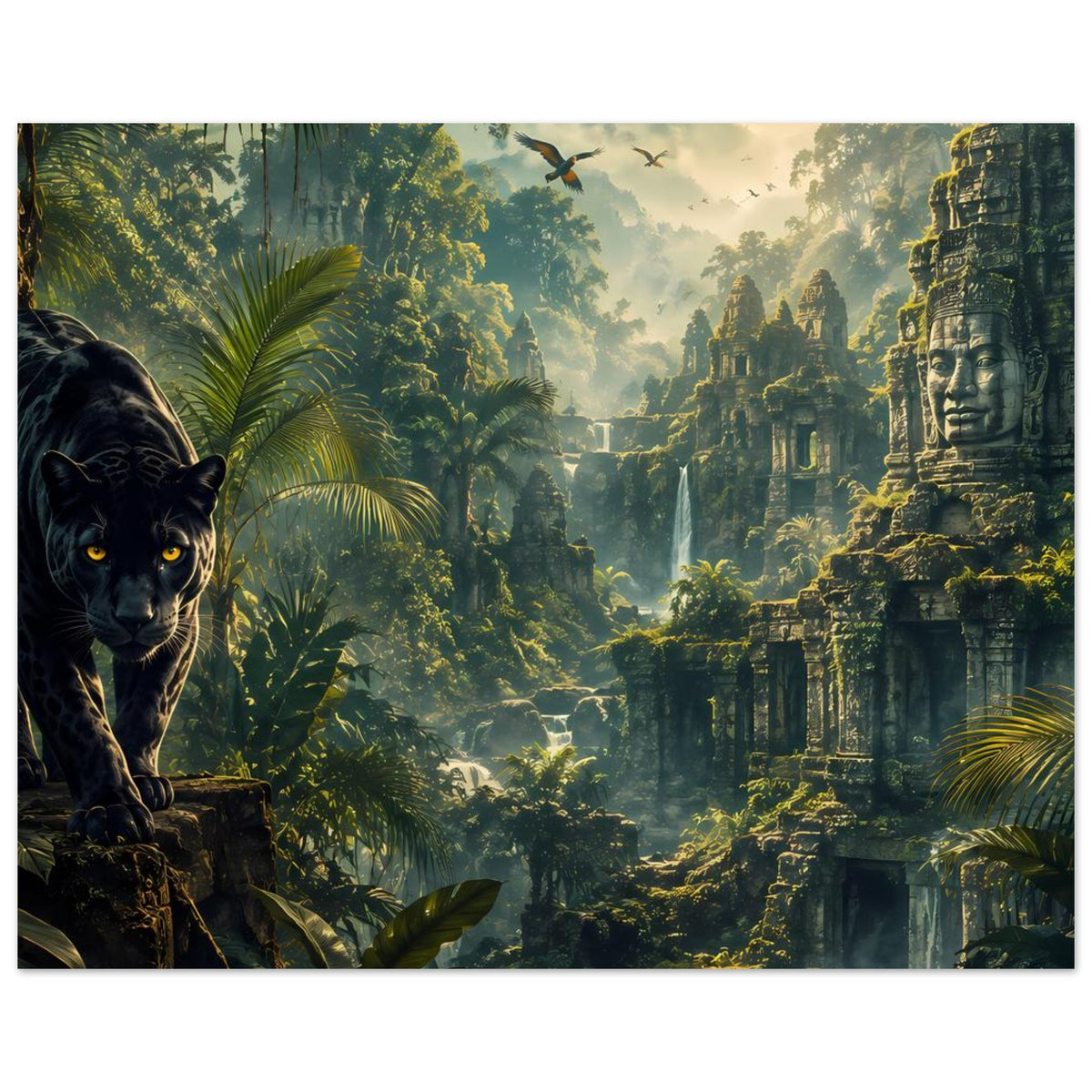 Poster im Querformat mit schwarzem Panther, Dschungelgrün und Steintempeln