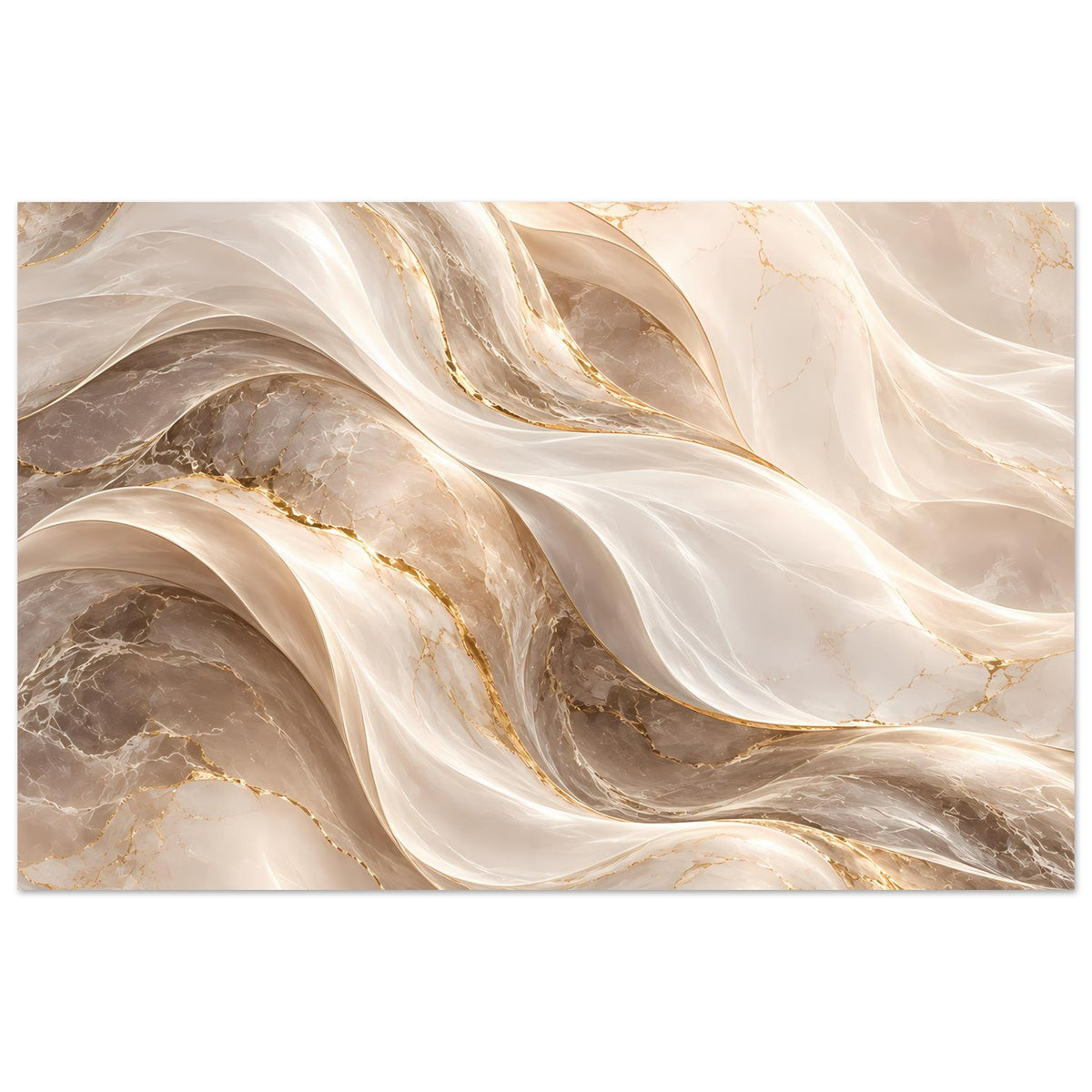 Abstraktes Wellen-Poster in Creme, sanftem Gold und Graubraun, horizontal ausgerichtet