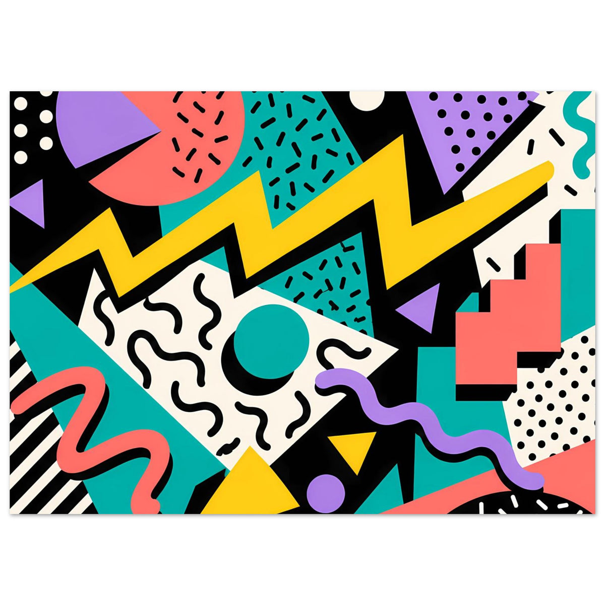 Geometrisches Retro-90er Poster mit kräftigen Farben, Wellenlinien und gemusterten Flächen.