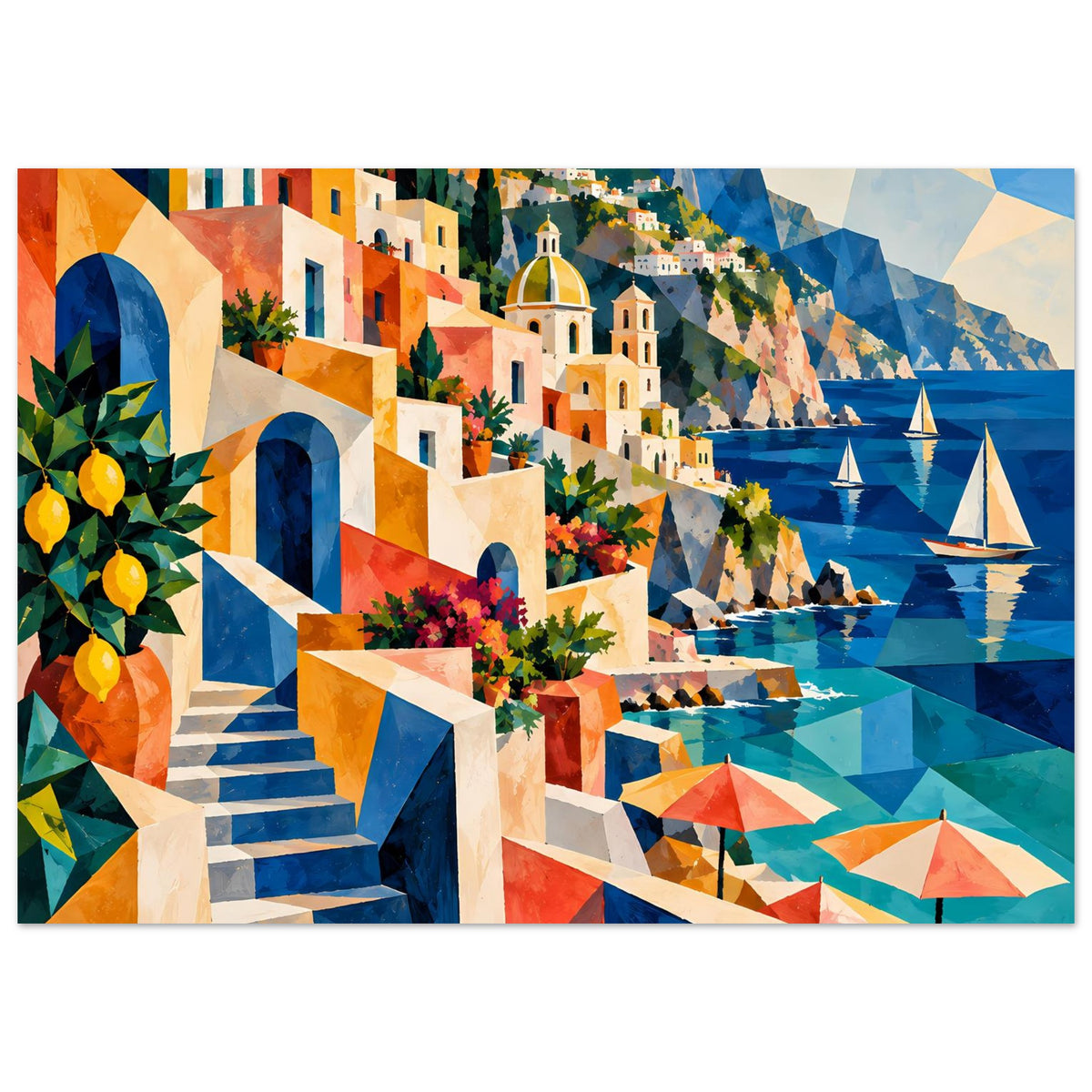 Mediterranes Küstenmotiv-Poster mit Häusern, Hügeln, Meer und mehreren Segelbooten