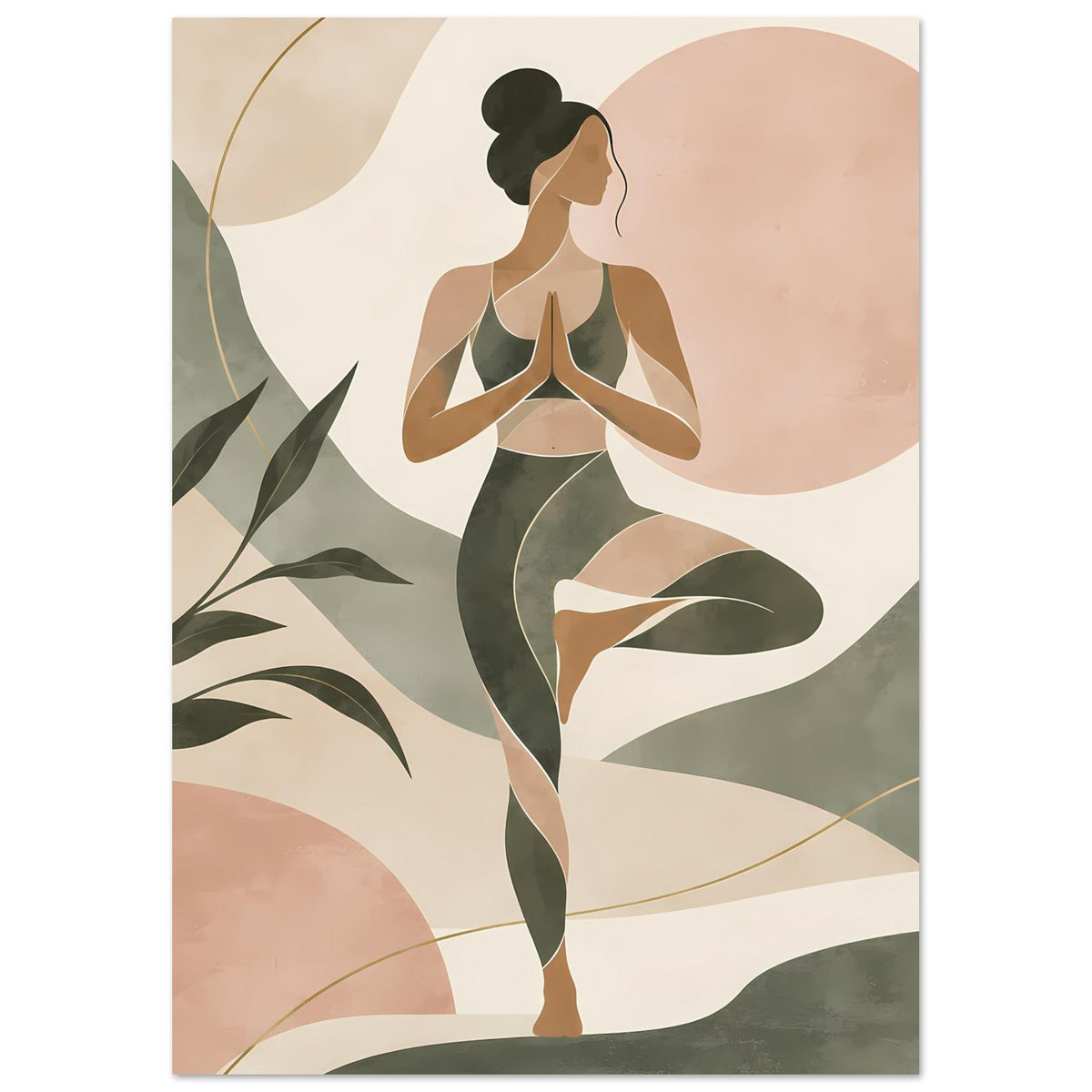 Abstraktes Yoga-Poster mit Frau in Baumhaltung in Salbeigrün und Rosé