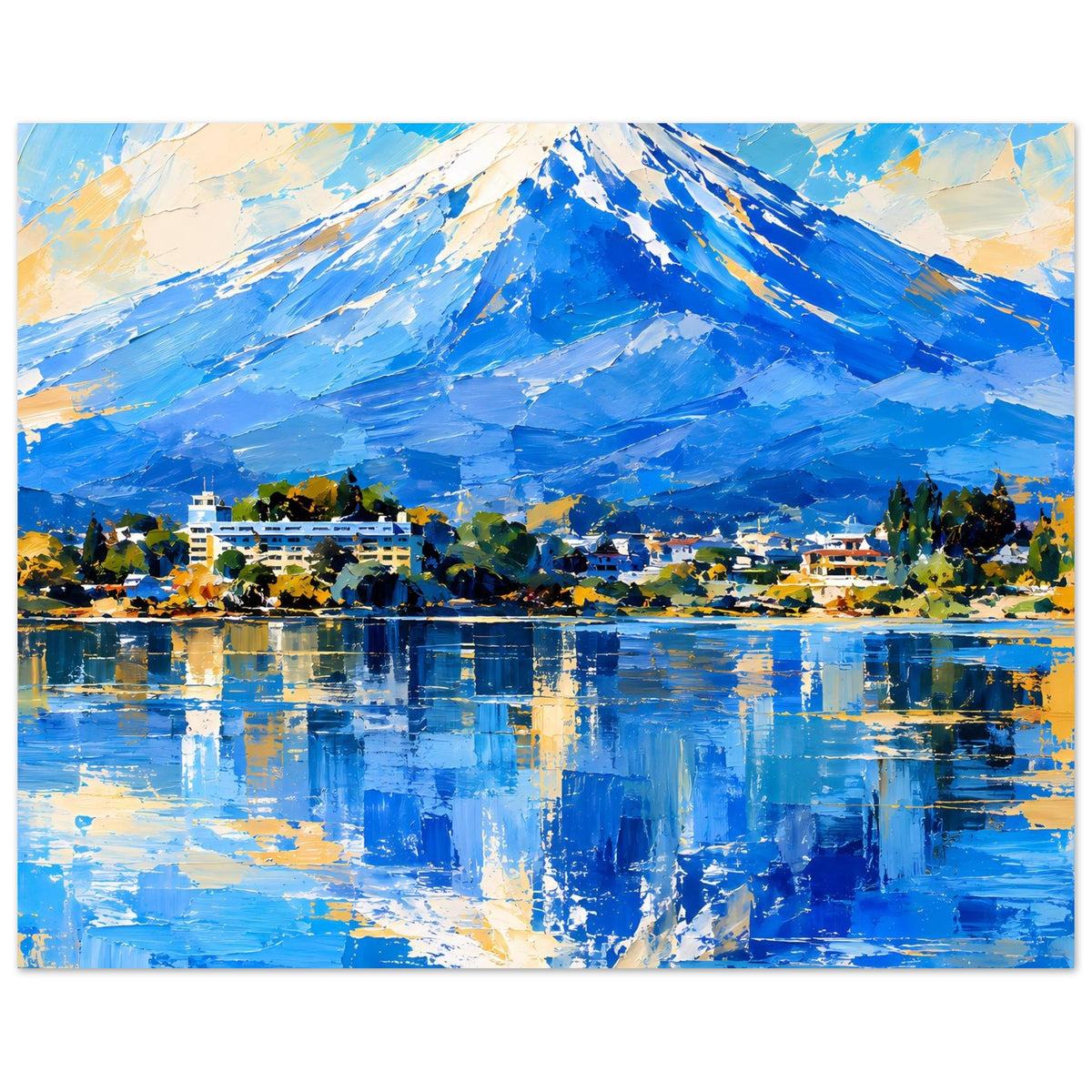Poster mit blauem Gebirge, Uferstadt und klaren Spiegelungen auf dem See