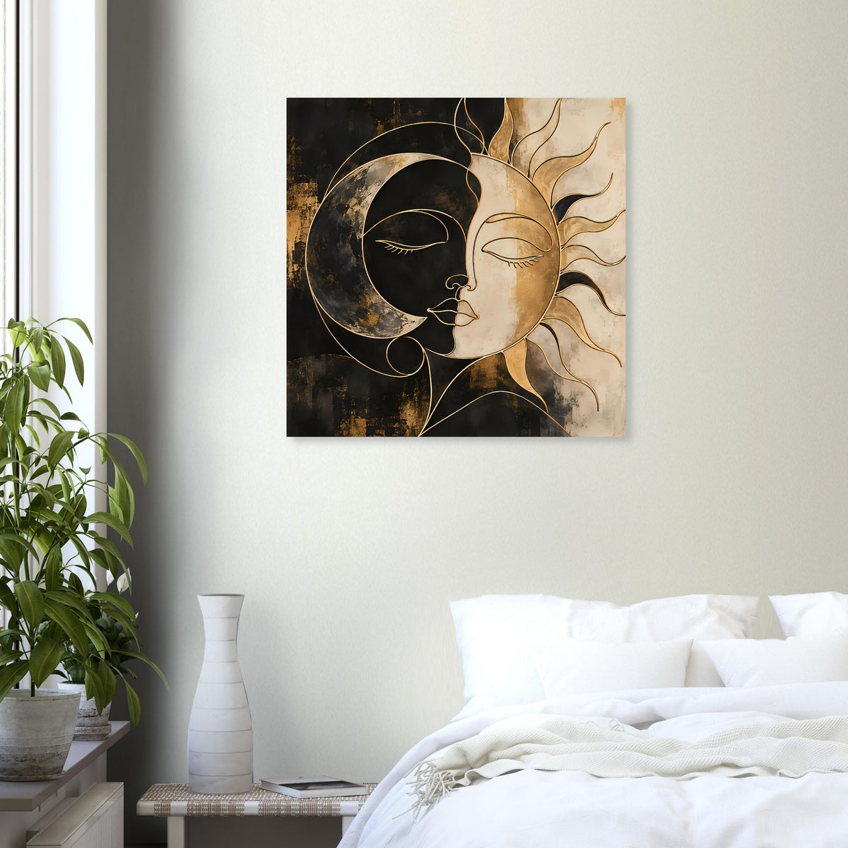 Quadratisches Kunstposter mit Sonne-und-Mond-Porträt in Schwarz und warmem Goldton