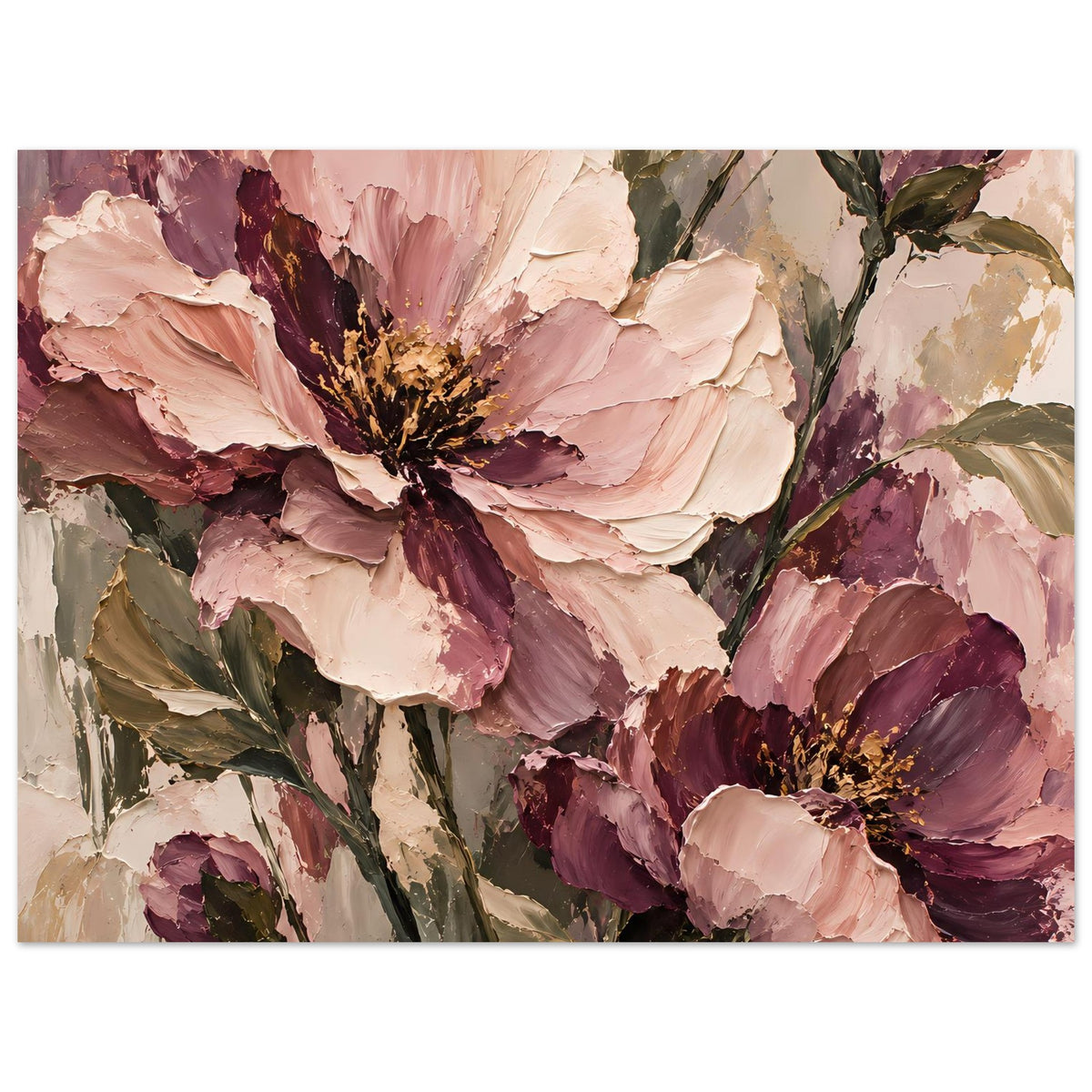 Florales Poster mit großen Blüten in Rosé-, Mauve- und Grüntönen, horizontal