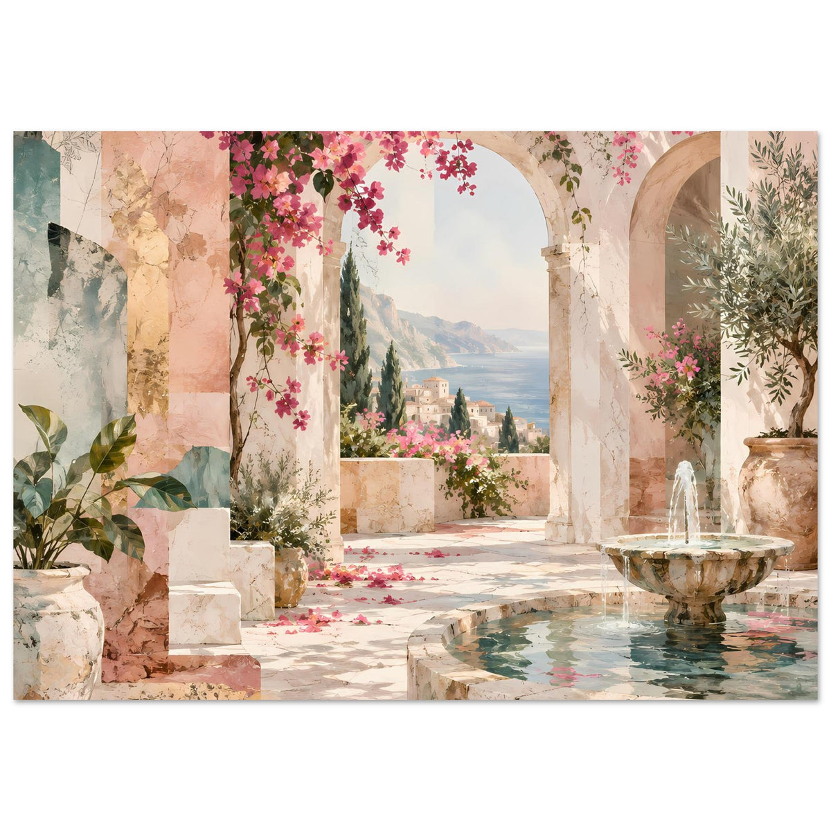 Kunstposter mit mediterraner Terrasse, steinernen Bögen, Brunnen und pinken Blüten