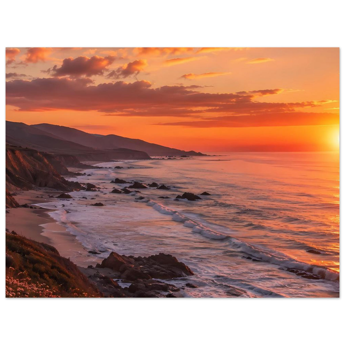 Poster im Querformat mit Strand und Felsenküste bei Sonnenuntergang, warmes Licht und Wolken