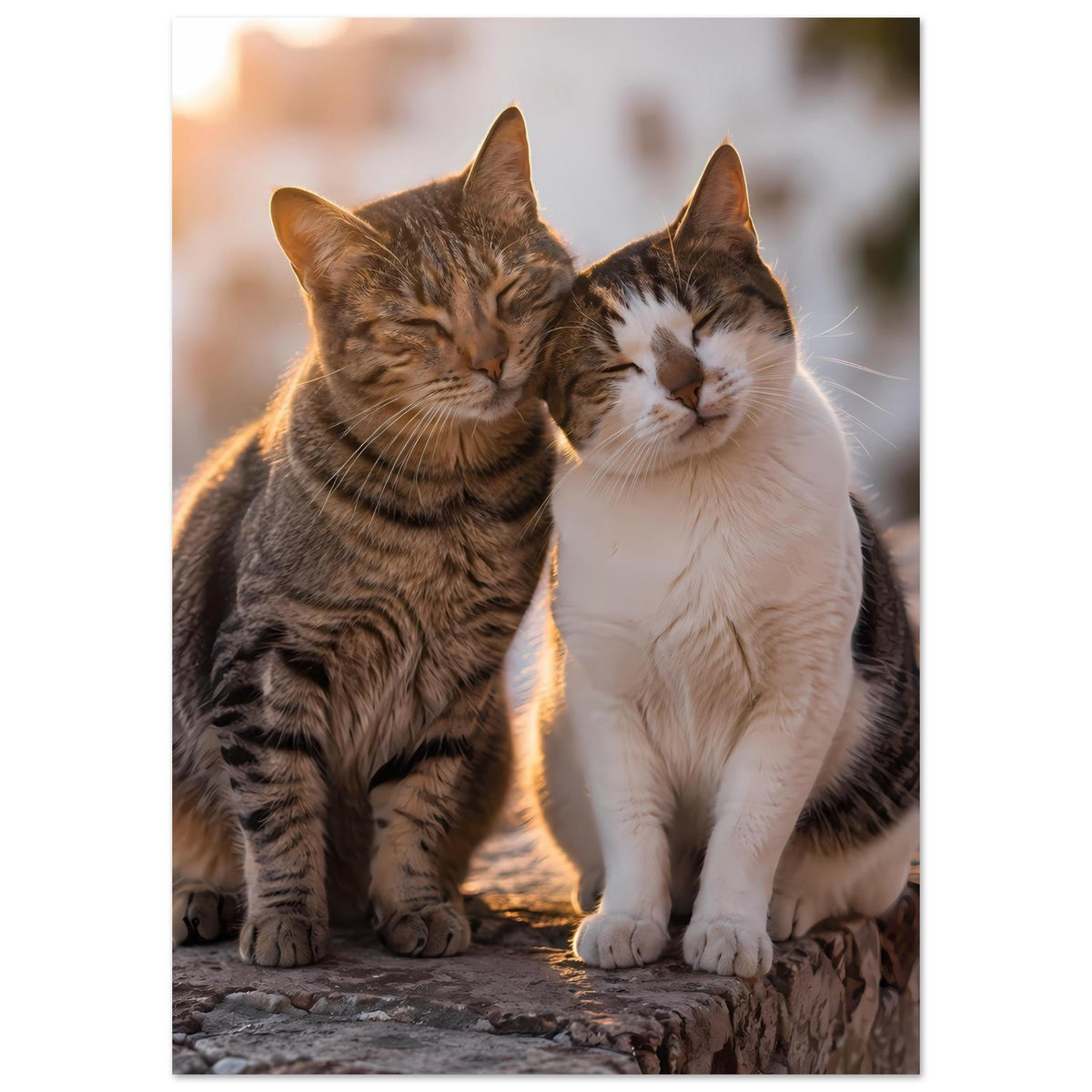 Katzenposter im Hochformat: zwei kuschelnde Katzen, braun getigert und weiß, auf Stein