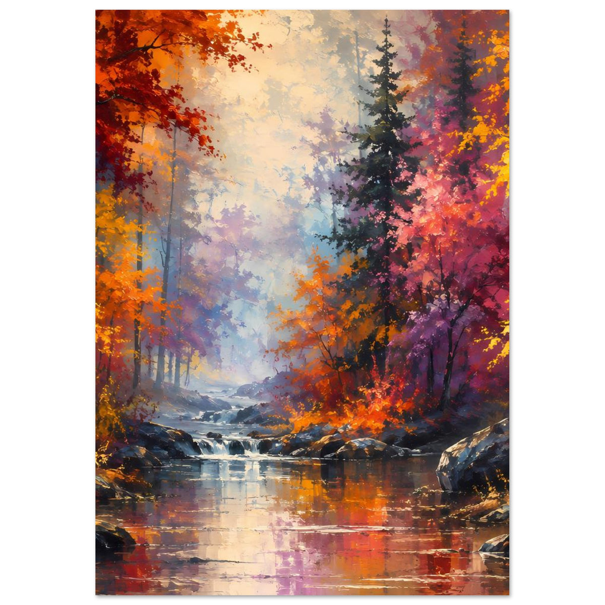 Hochkant-Poster mit Herbstwald-Panorama, Bachlauf mit Reflexionen und Felsen