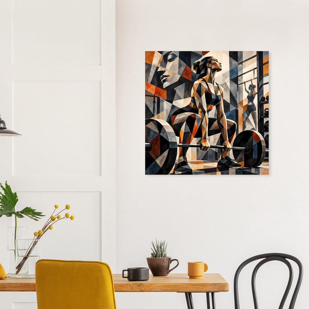 Abstraktes Fitness-Poster mit geometrischer Figurendarstellung, schwarz und orange Akzenten