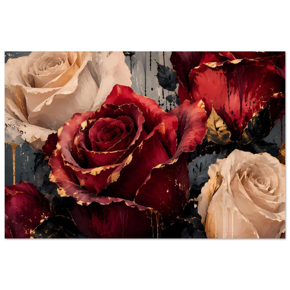 Kunstposter mit Rosenbouquet aus Creme, Bordeaux und Dunkelrot, goldene Spritzer im Motiv
