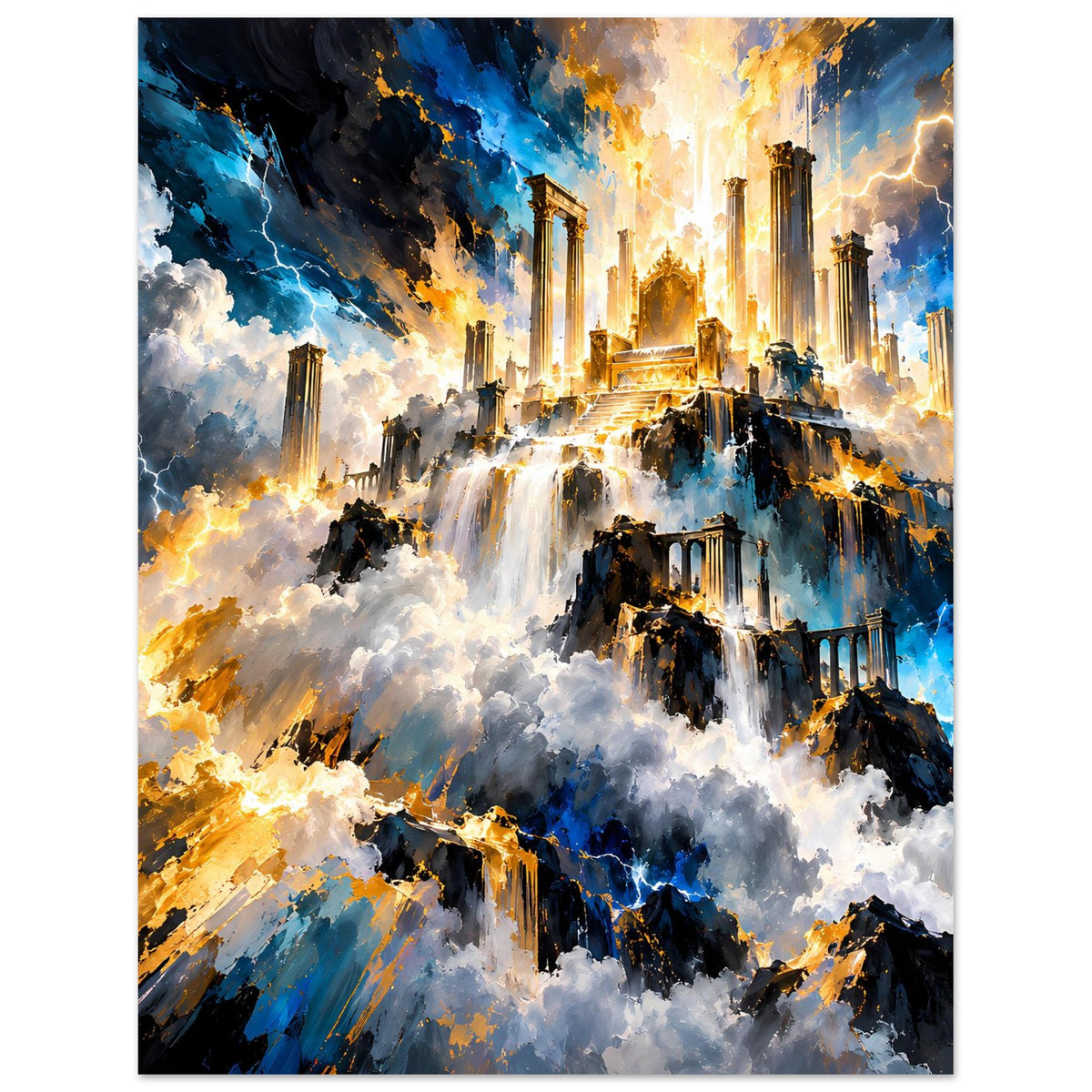 Gerahmtes Fantasy-Poster im Hochformat mit leuchtendem Tempel über Wolken, Wasserfällen und Ruinen
